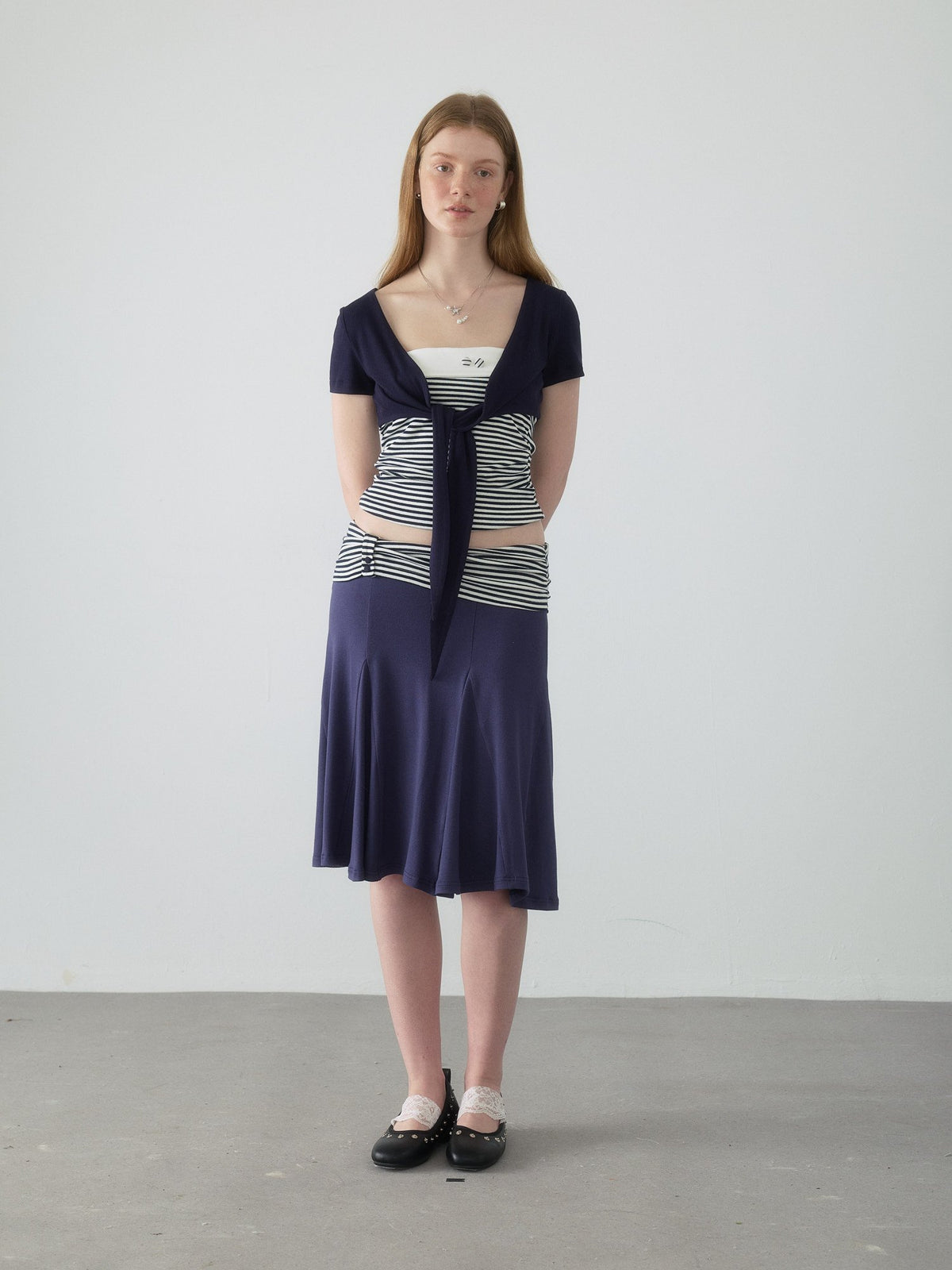 Navy Stripe Panel Flare Skirt