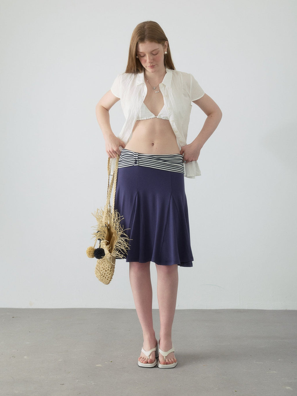 Navy Stripe Panel Flare Skirt