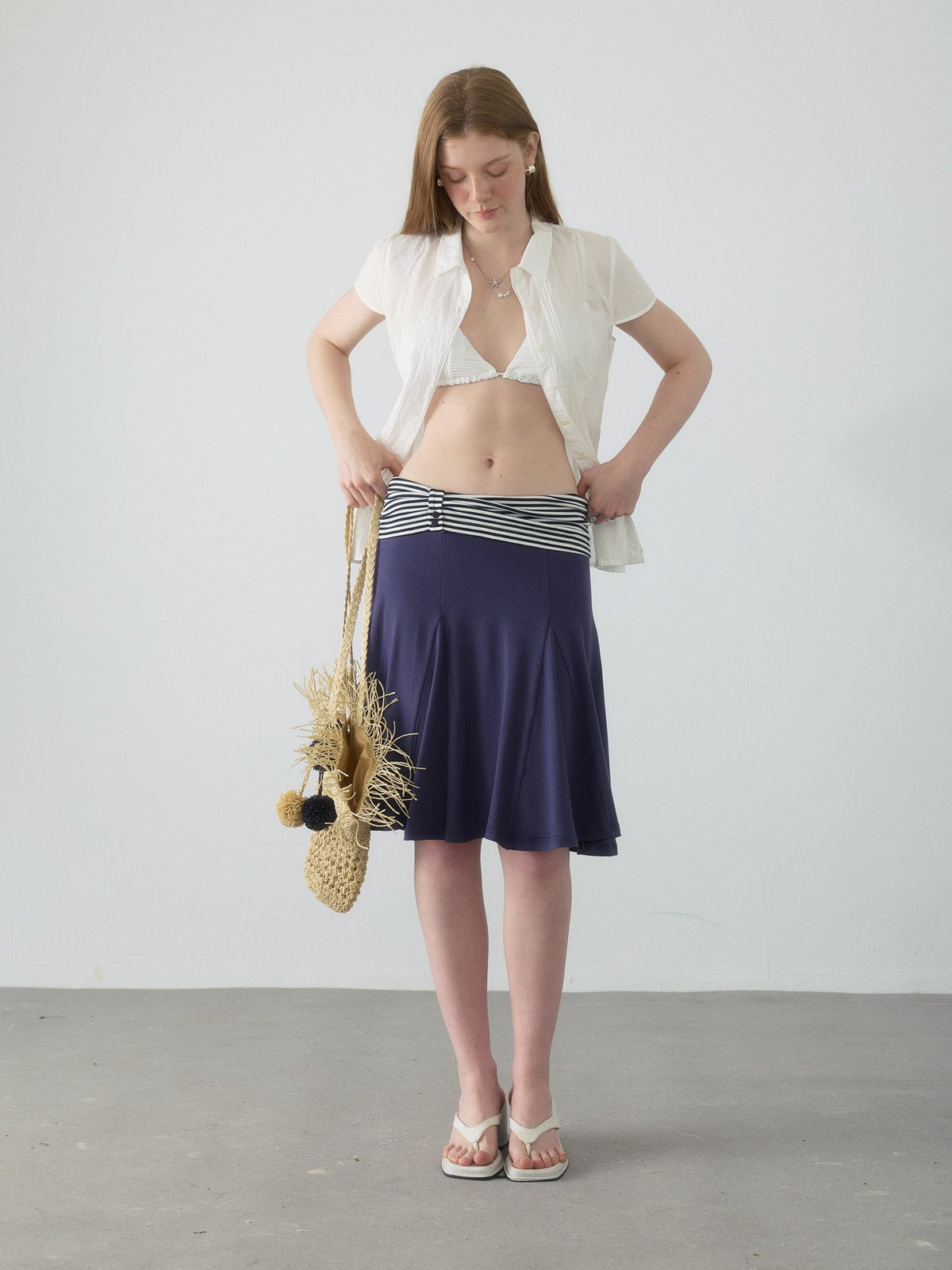 Navy Stripe Panel Flare Skirt