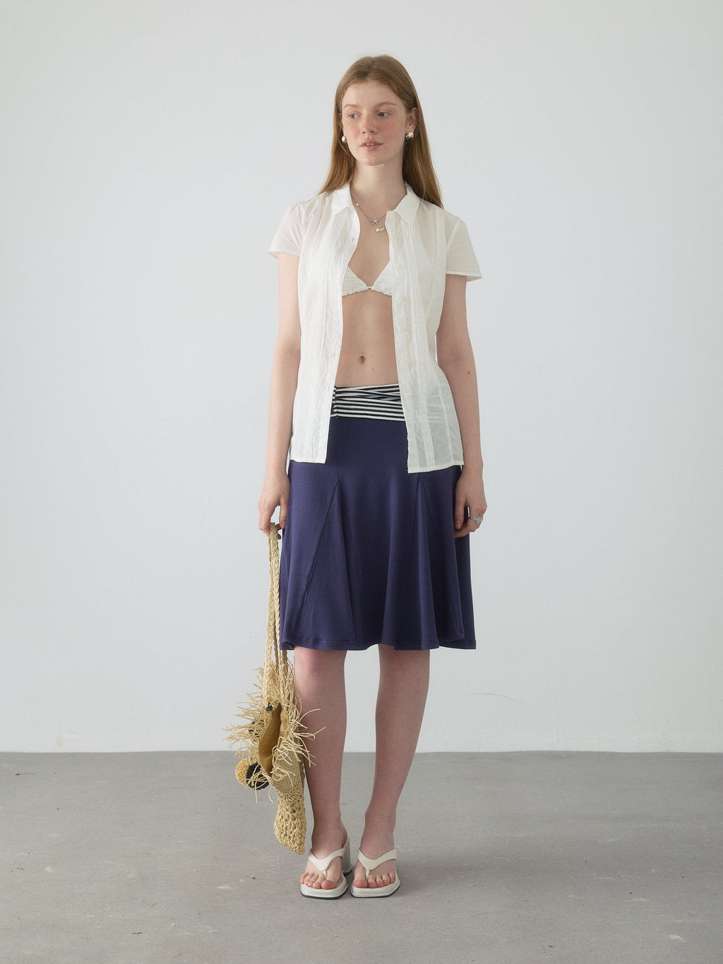 Navy Stripe Panel Flare Skirt