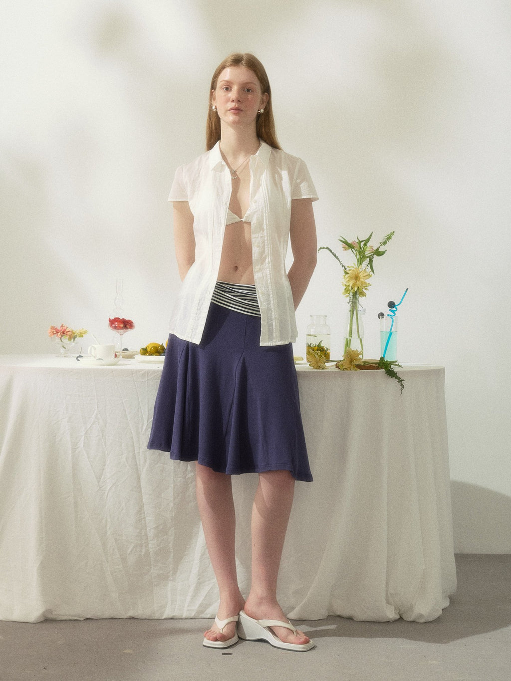 Navy Stripe Panel Flare Skirt