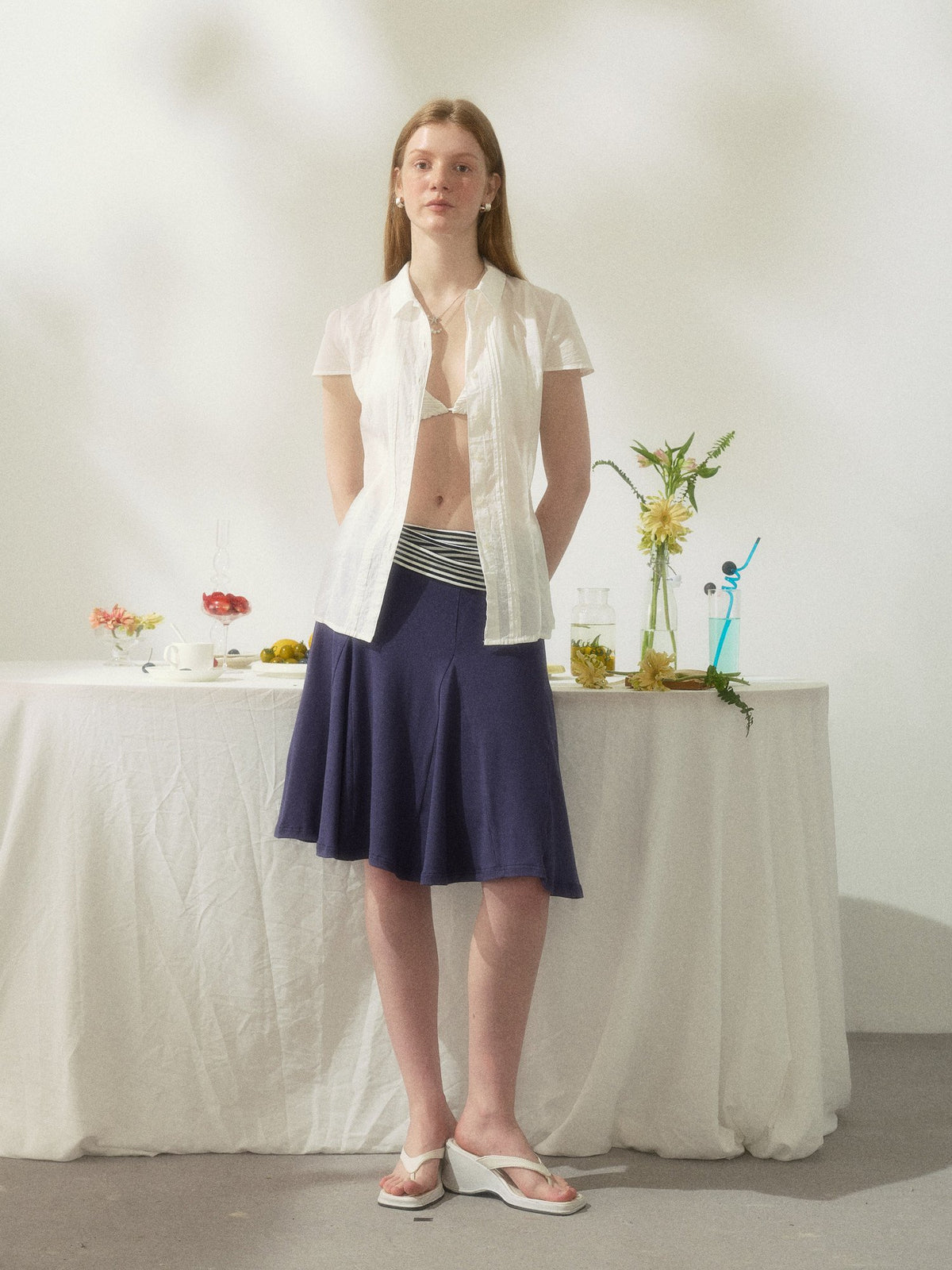 Navy Stripe Panel Flare Skirt