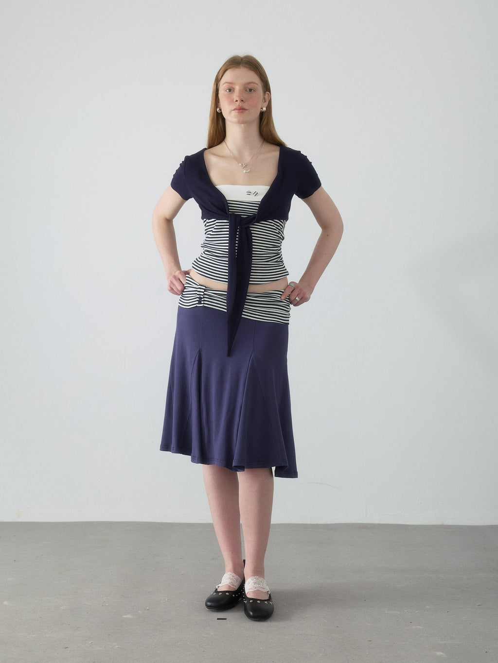 Navy Stripe Panel Flare Skirt