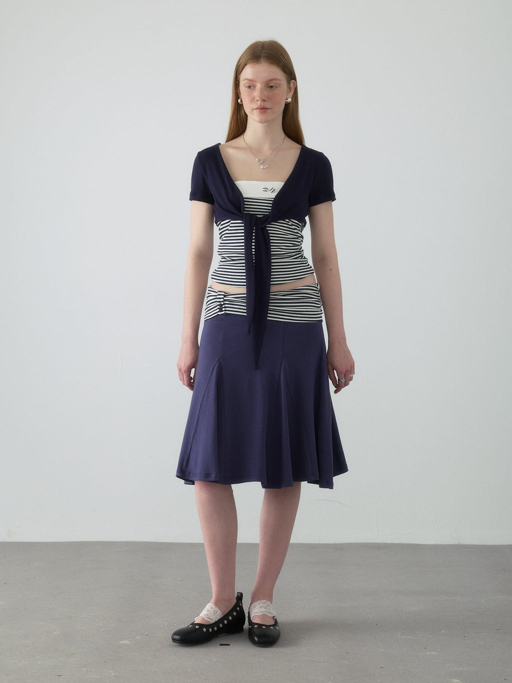 Navy Stripe Panel Flare Skirt