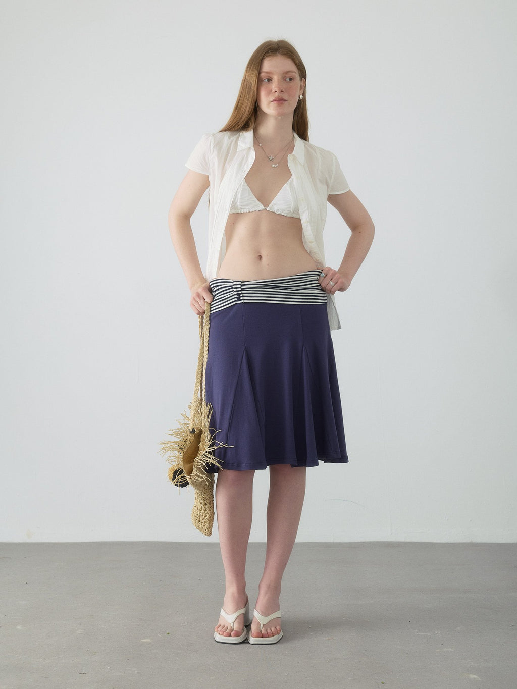Navy Stripe Panel Flare Skirt