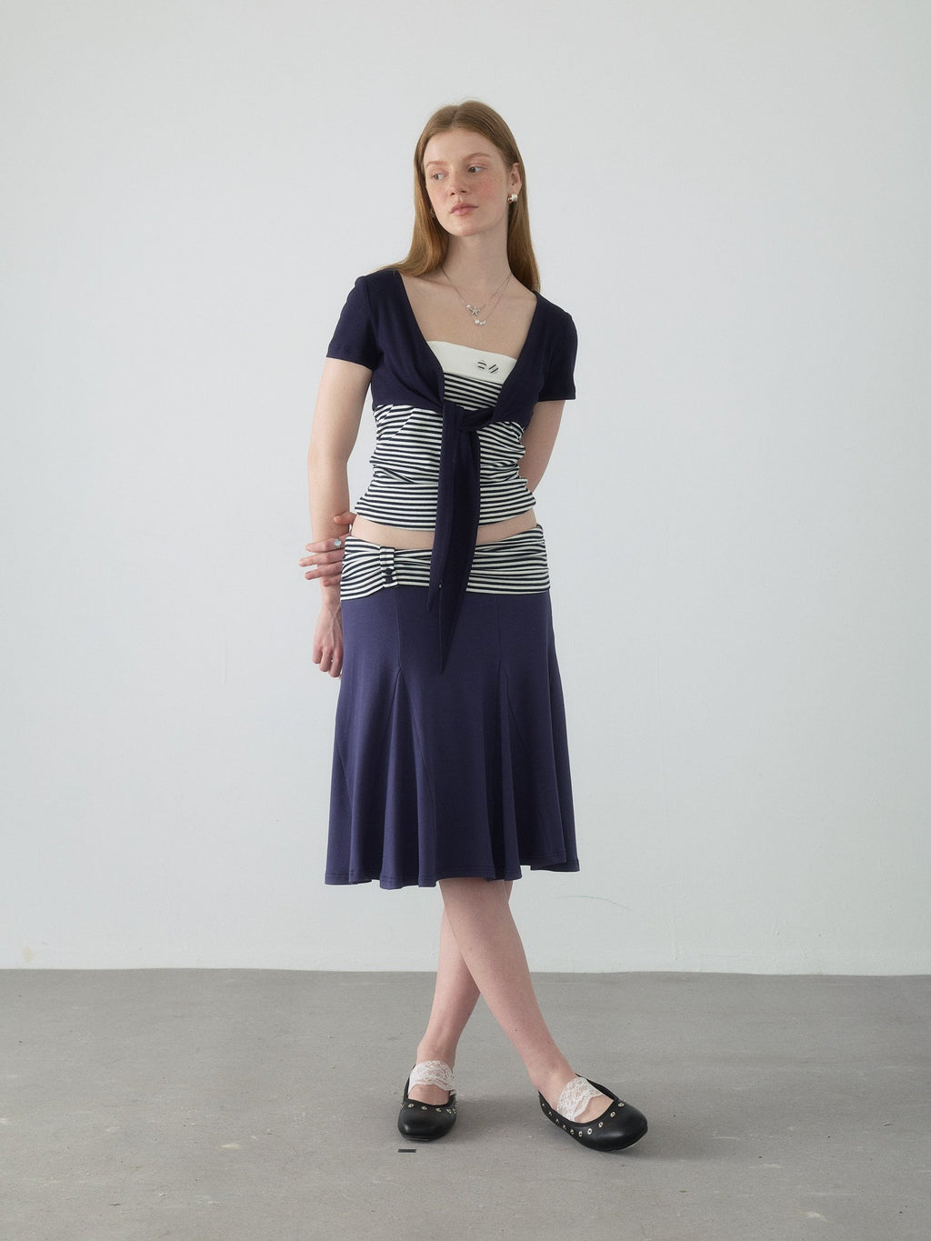 Navy Stripe Panel Flare Skirt