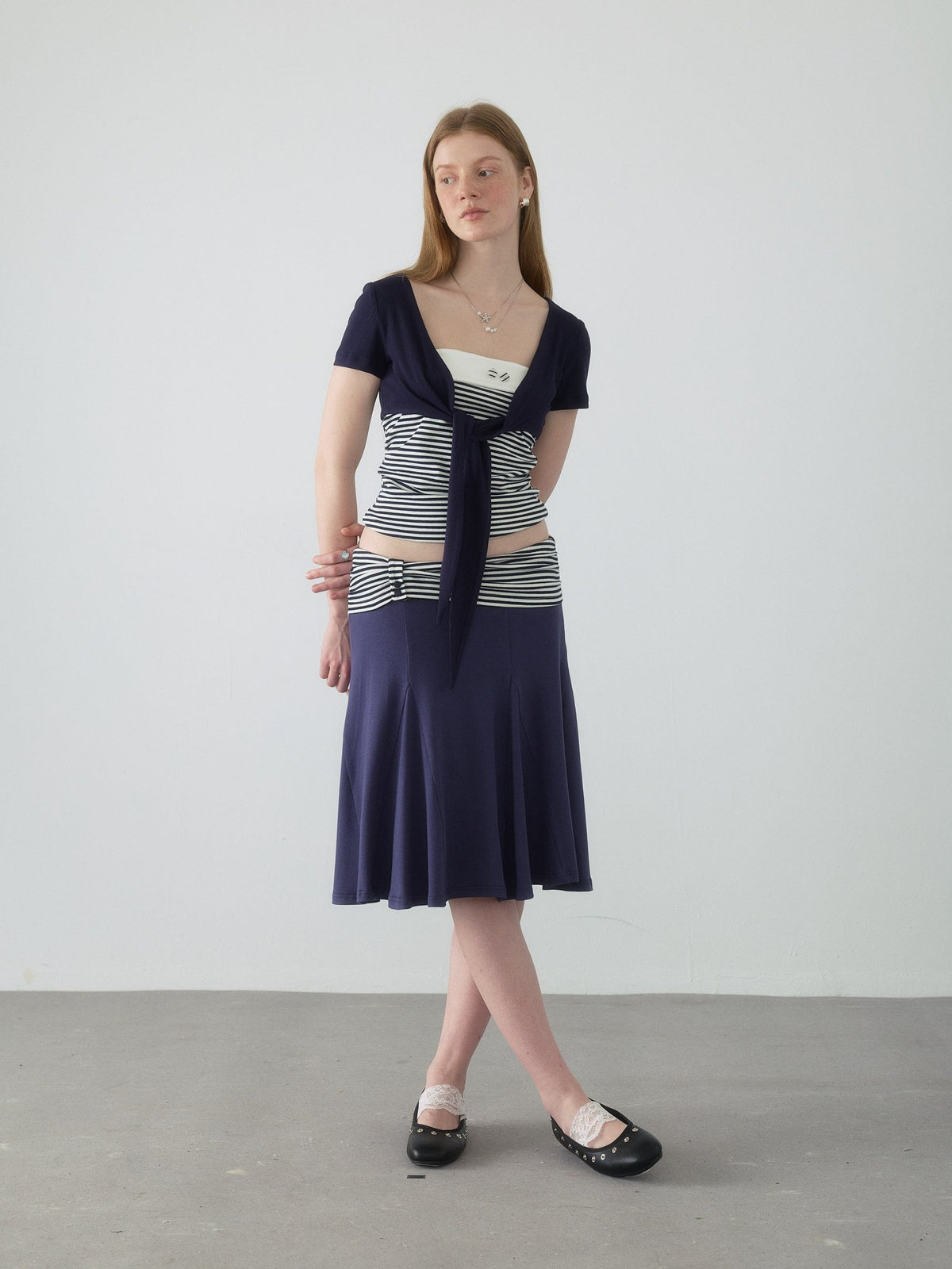 Navy Stripe Panel Flare Skirt