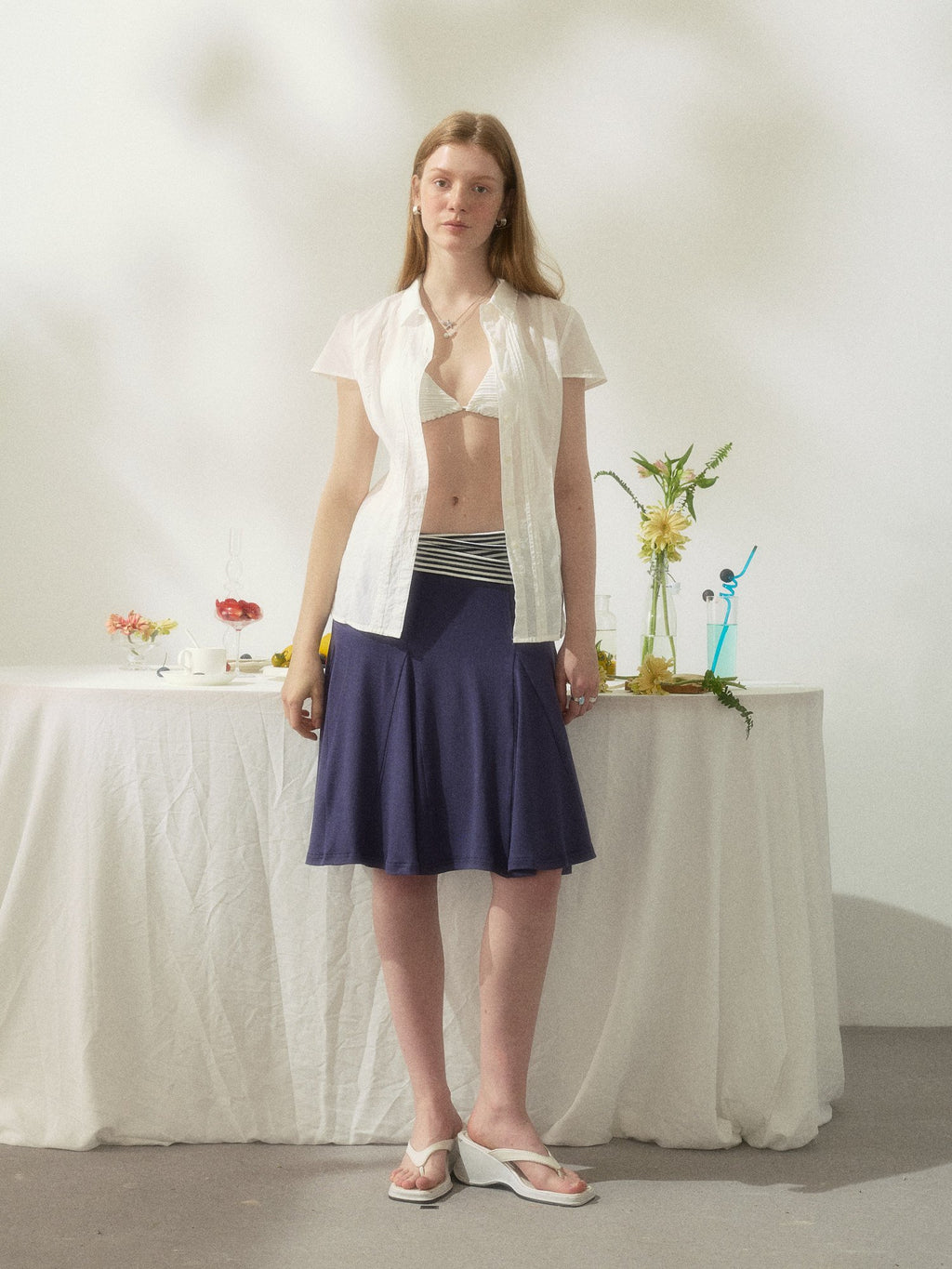 Navy Stripe Panel Flare Skirt