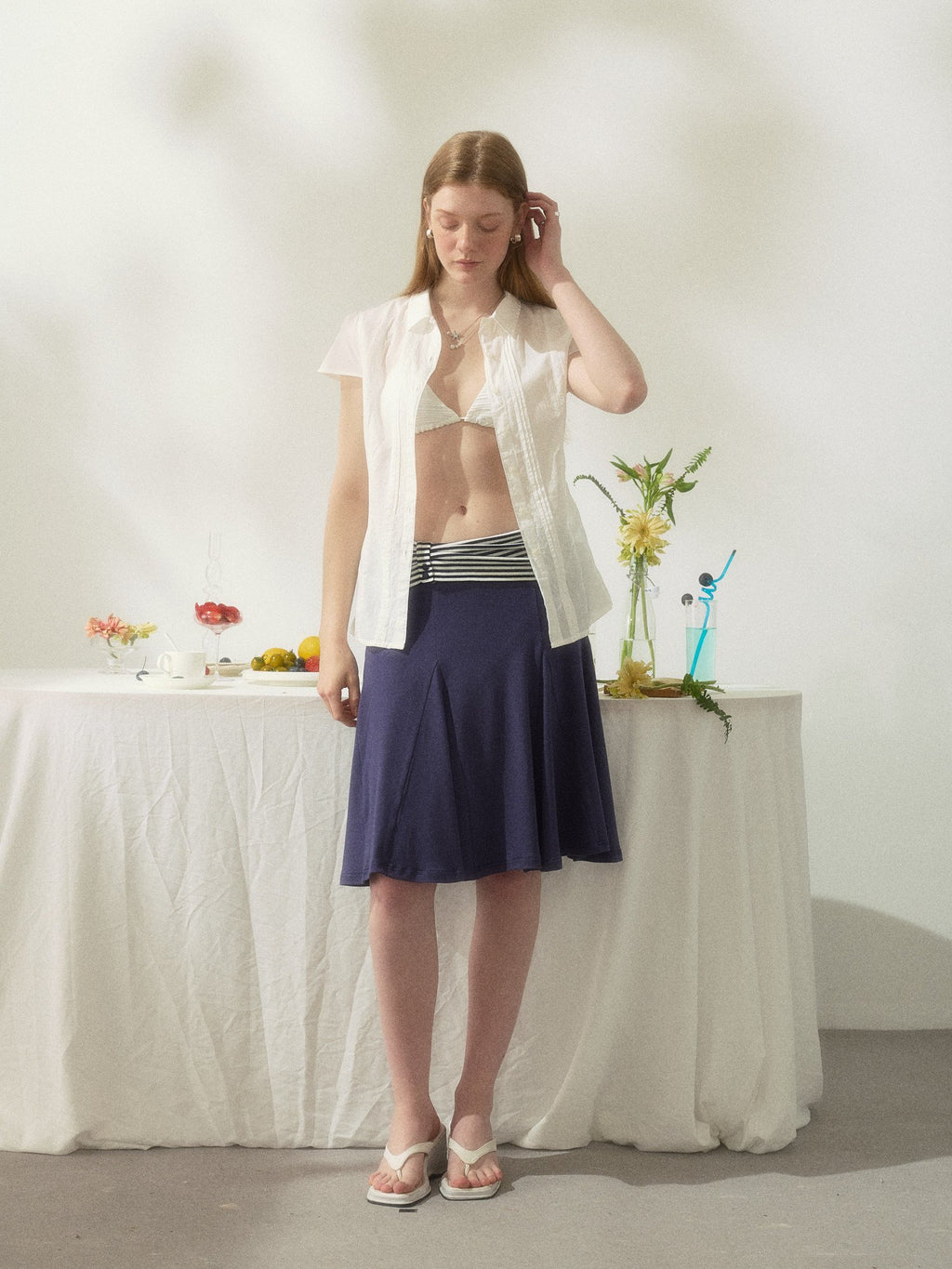 Navy Stripe Panel Flare Skirt