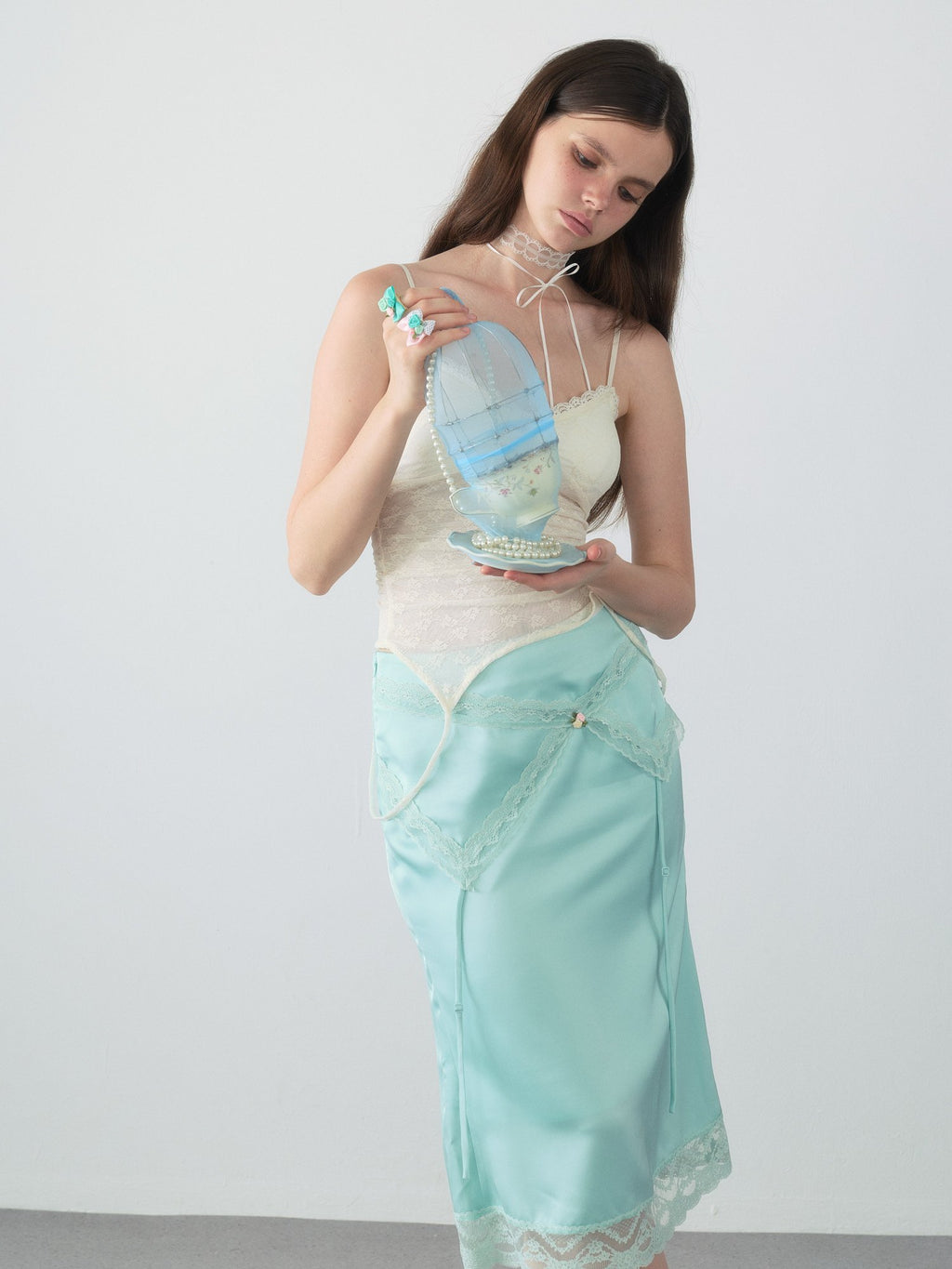 Lace Trim Satin Mermaid Skirt