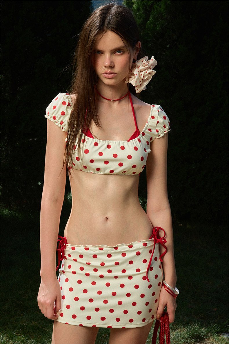 Polka Dot Puff Sleeve Bikini Set