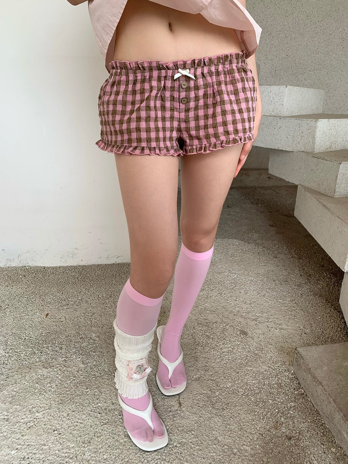 Checkered Ruffle Hem Shorts