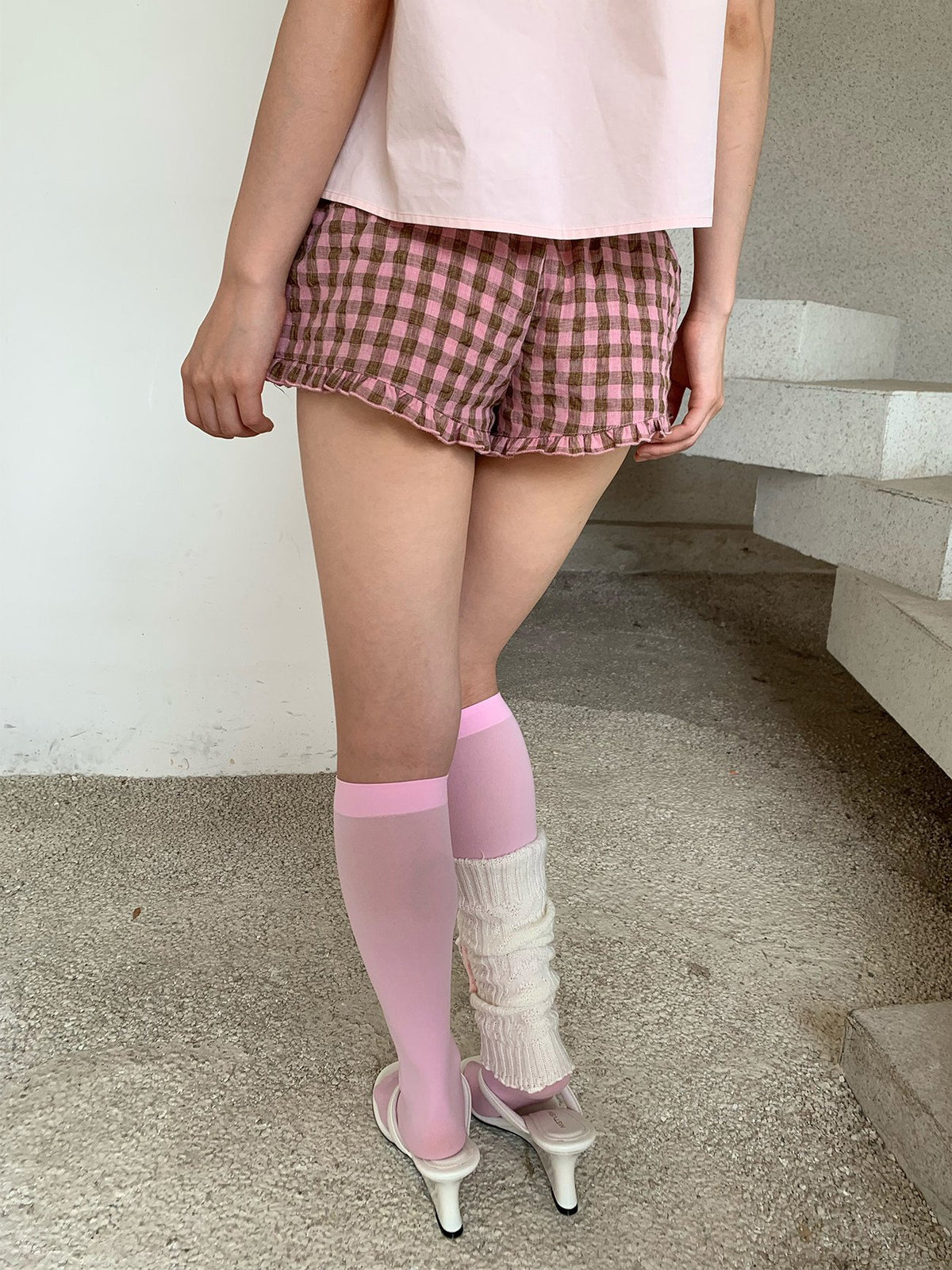 Checkered Ruffle Hem Shorts