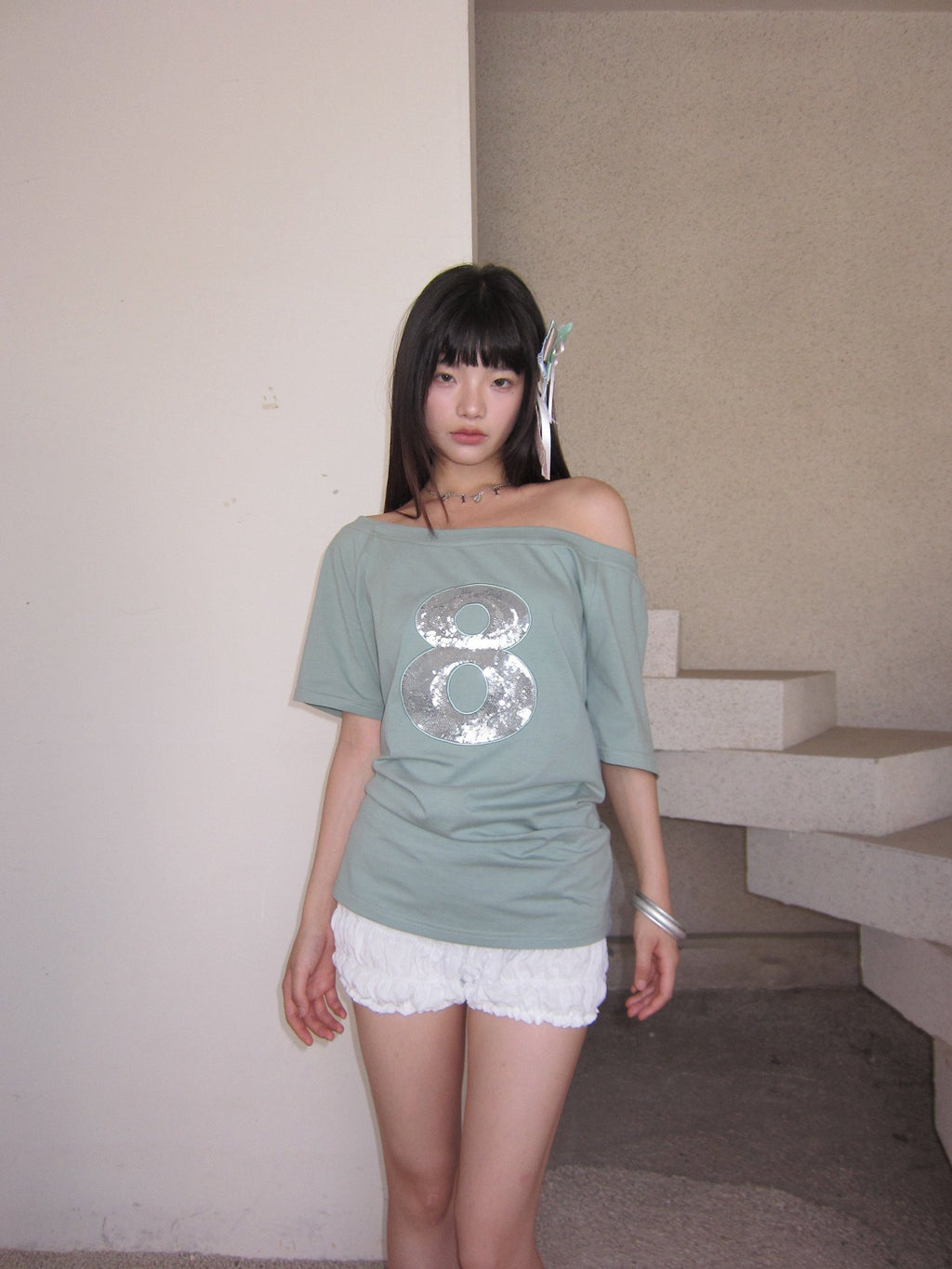 Mint Sequin Off Shoulder Top