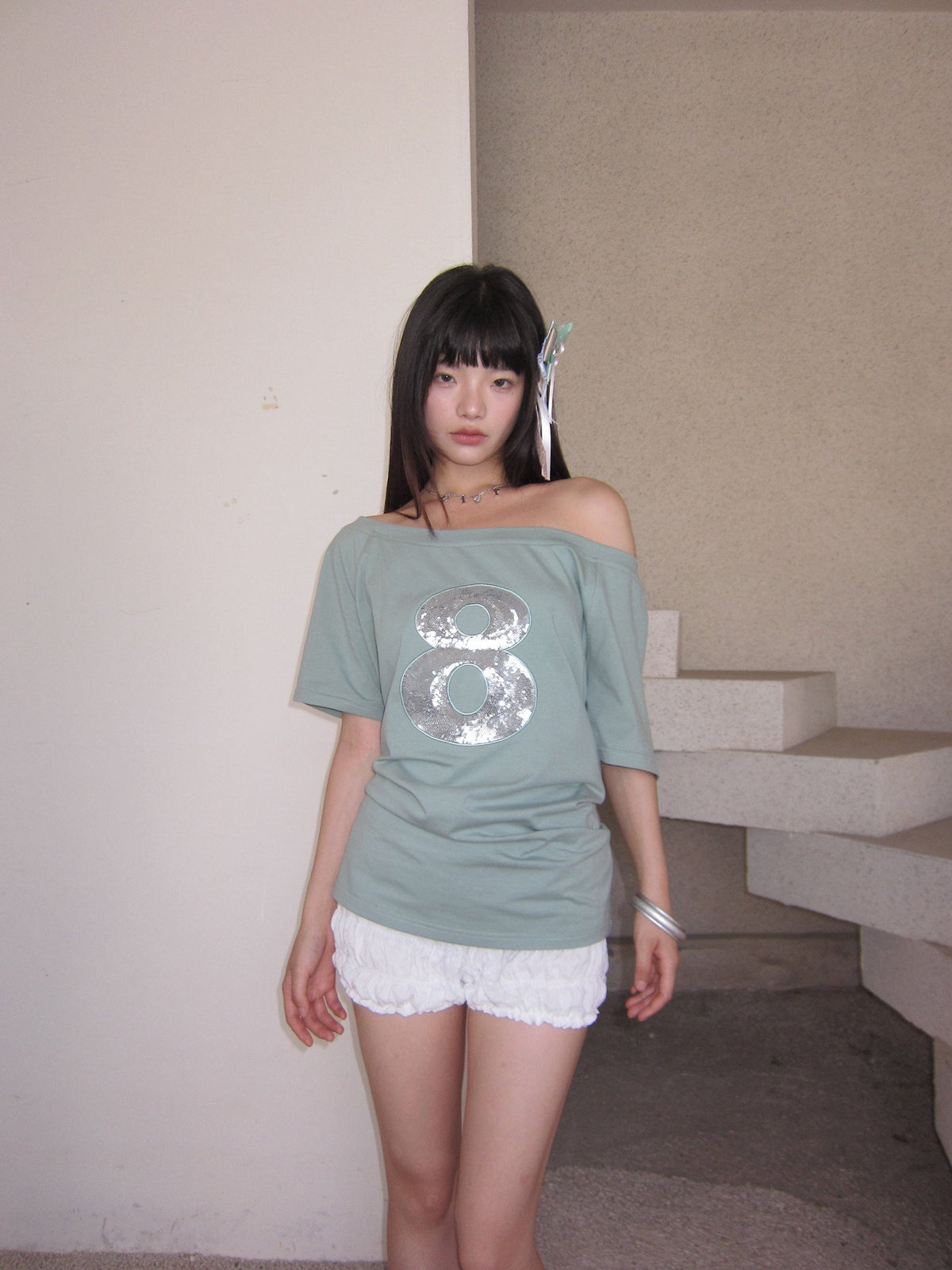 Mint Sequin Off Shoulder Top