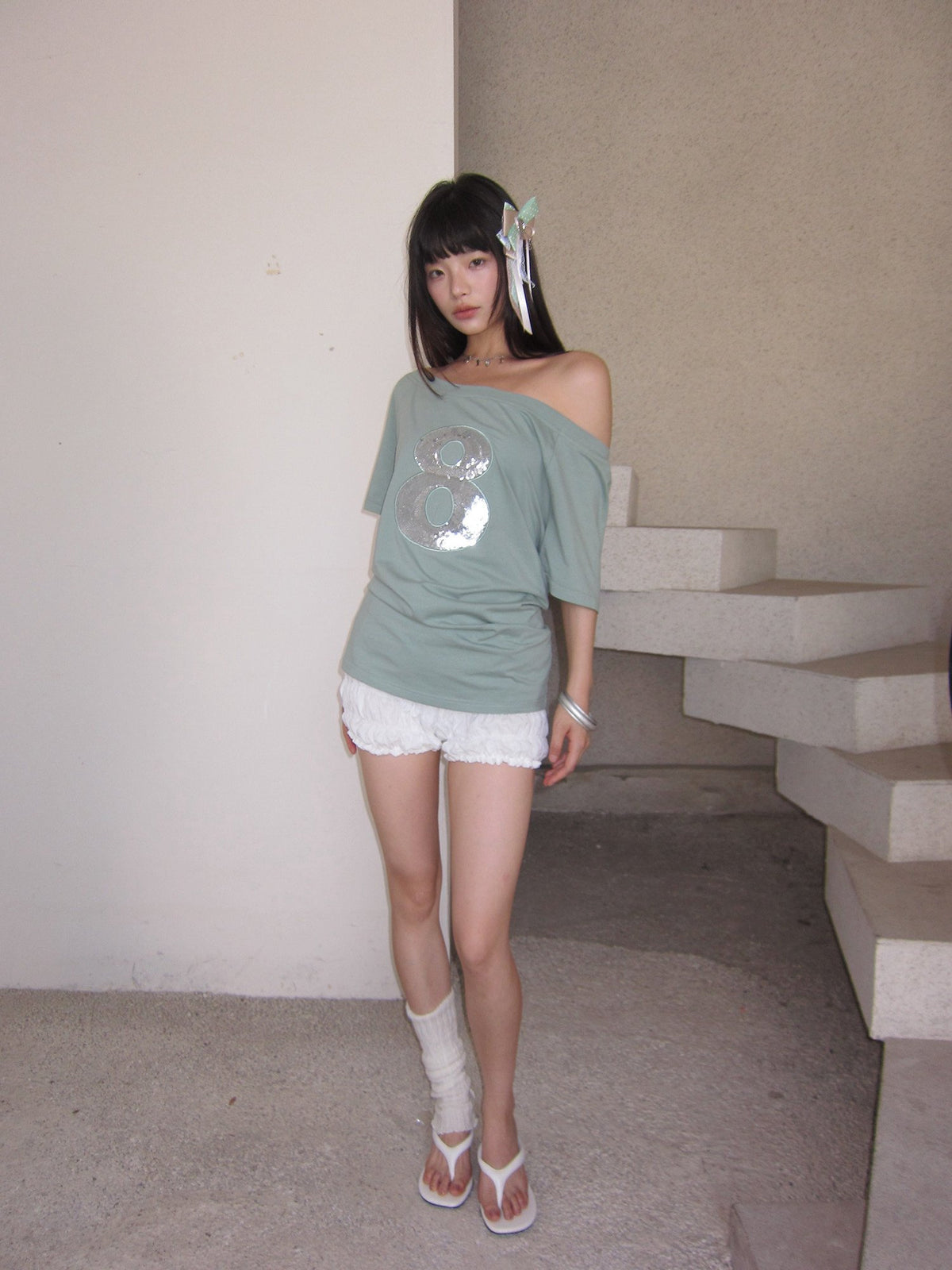 Mint Sequin Off Shoulder Top