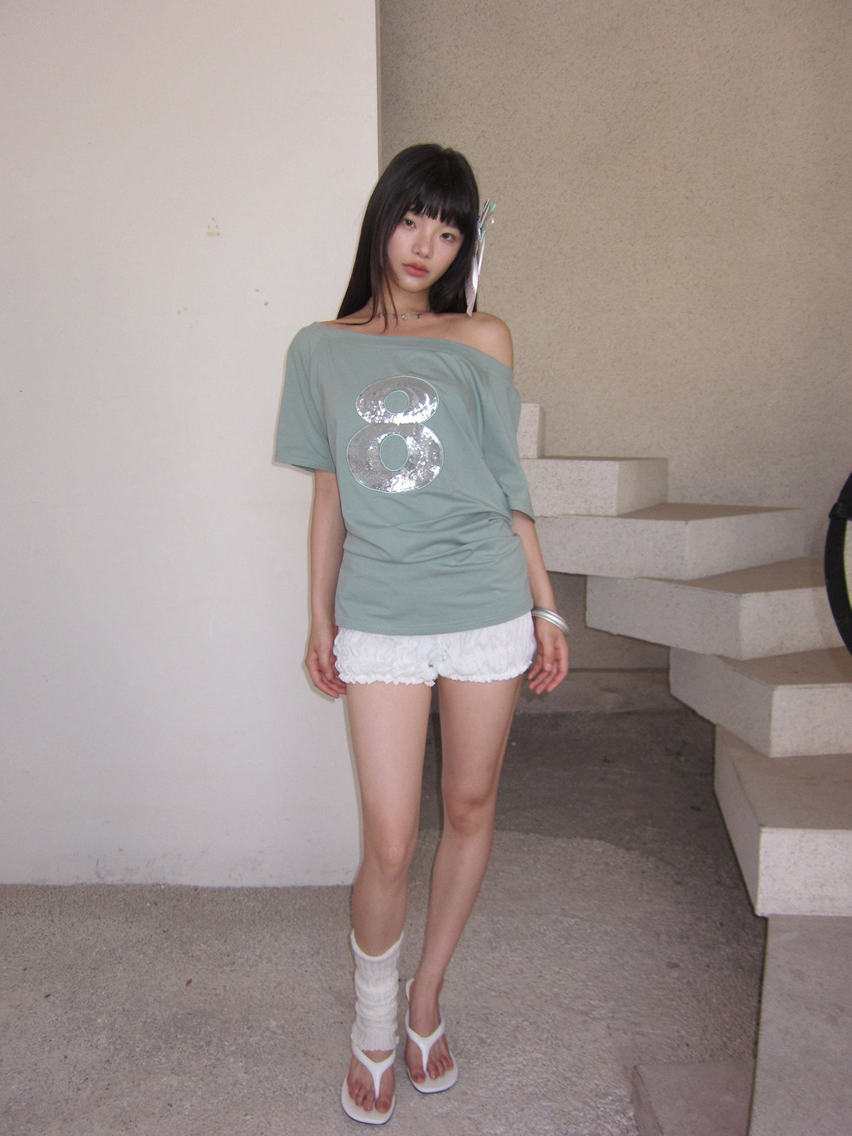 Mint Sequin Off Shoulder Top