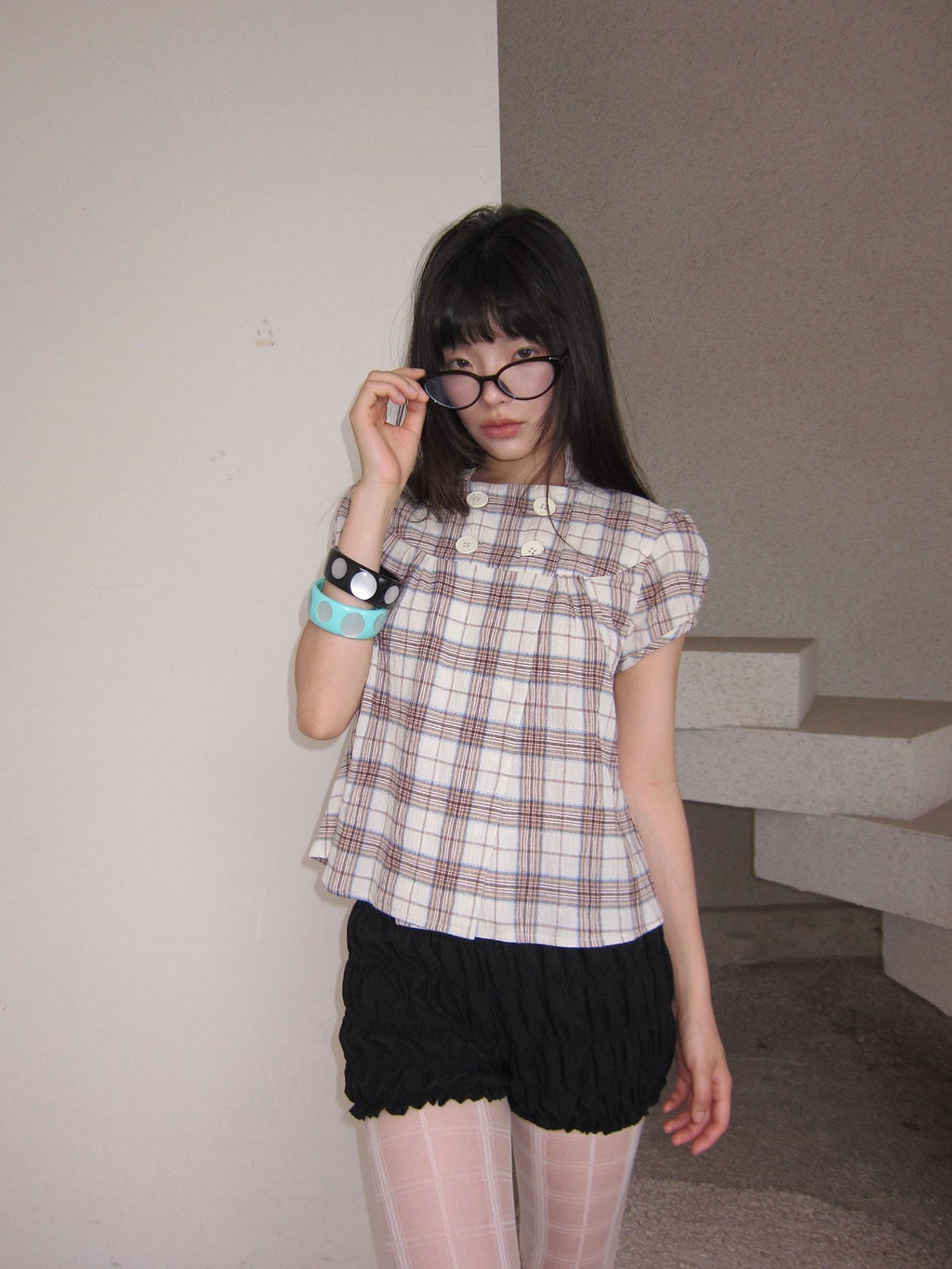 Plaid Double Button Top