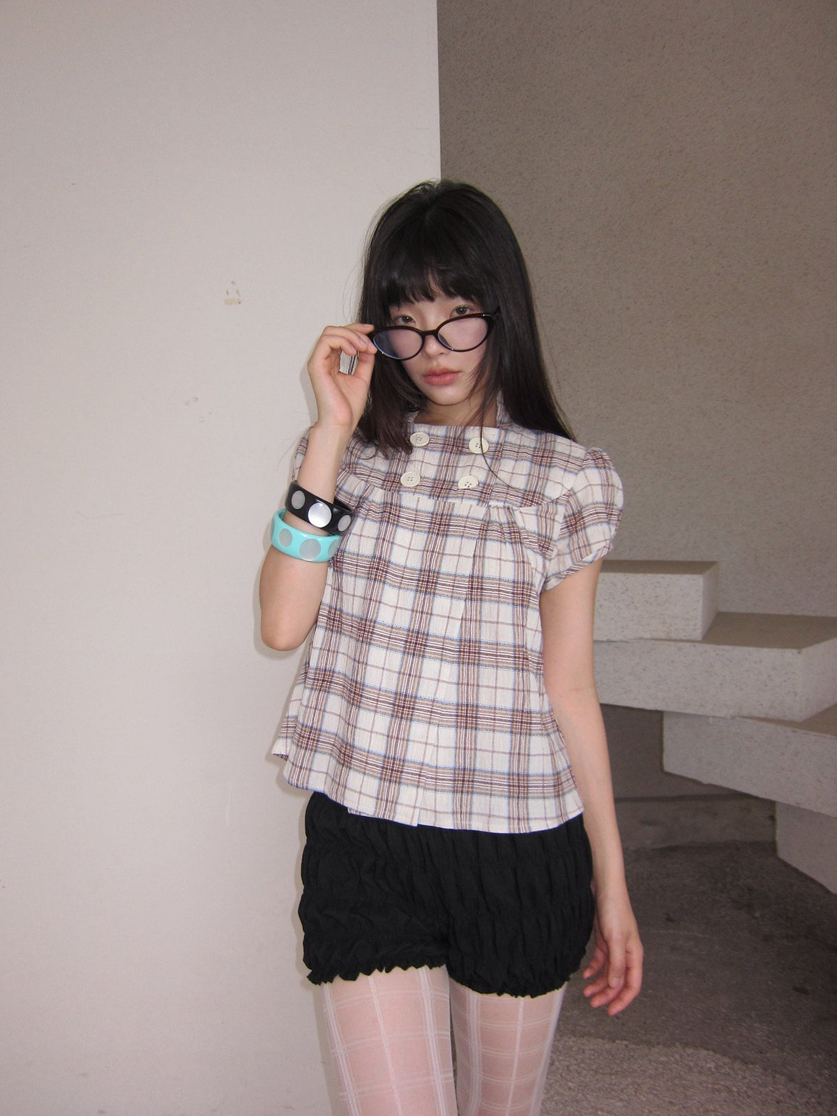 Plaid Double Button Top