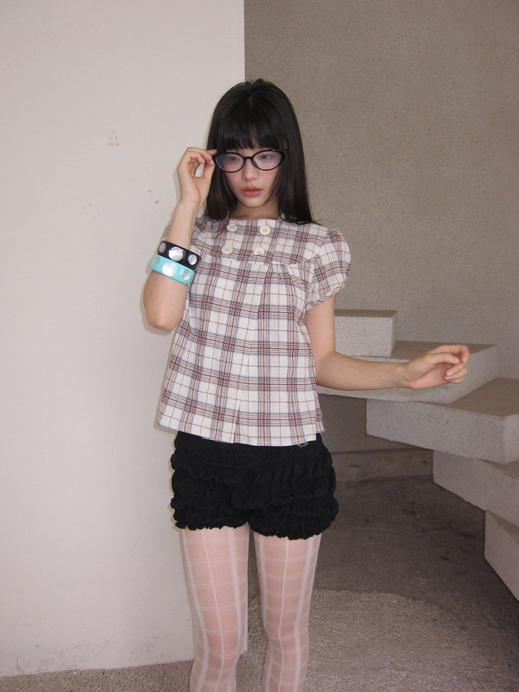 Plaid Double Button Top