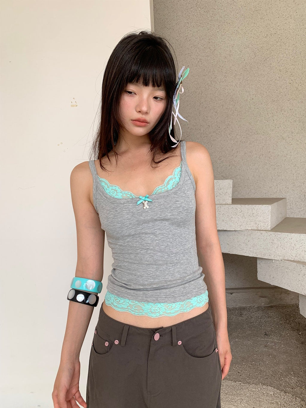 Trio Lace Trim Tank Top (3color)