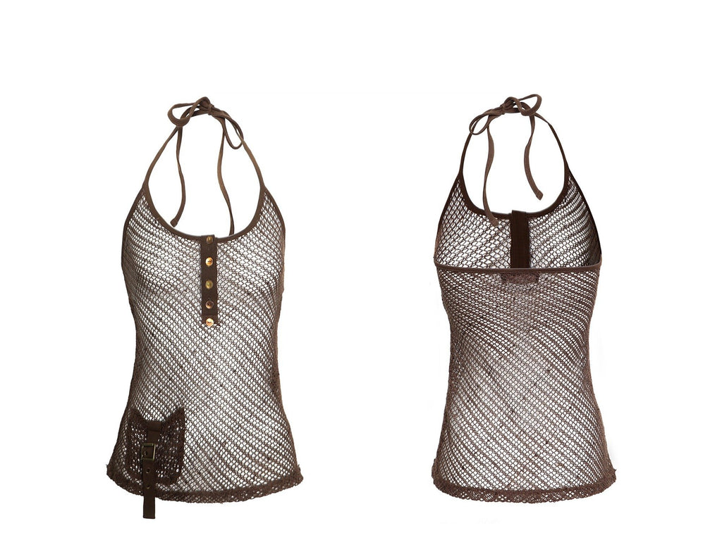 Deep Brown Mesh Tie Halter Top