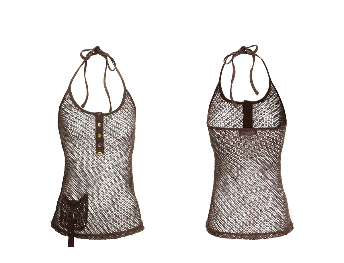 Deep Brown Mesh Tie Halter Top