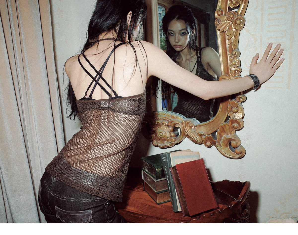 Deep Brown Mesh Tie Halter Top