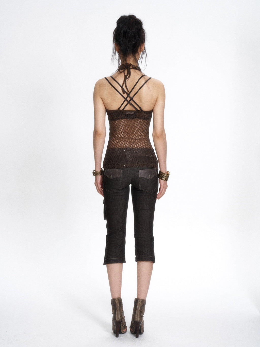 Deep Brown Mesh Tie Halter Top