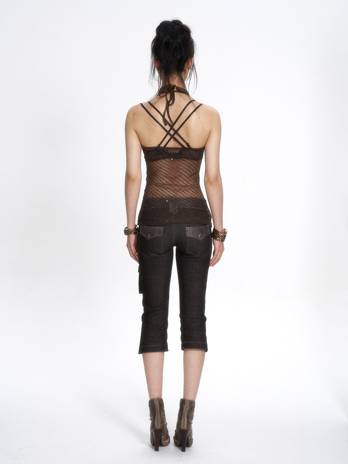 Deep Brown Mesh Tie Halter Top