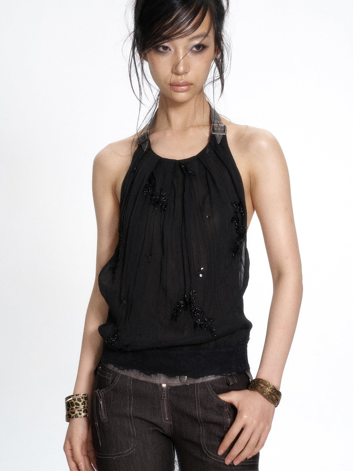 Wide Leather Strap Halter Top (3color)