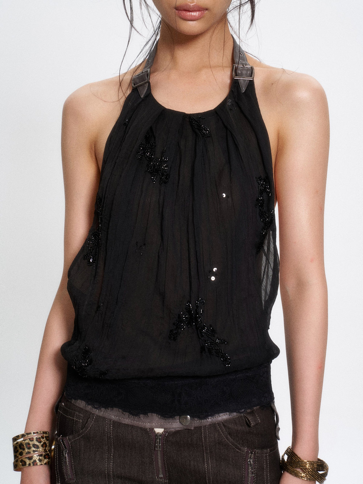 Wide Leather Strap Halter Top (3color)
