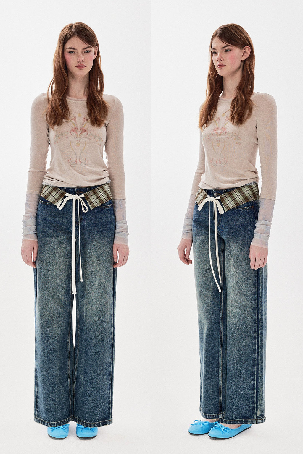 Plaid Accent Straight Denim Pants