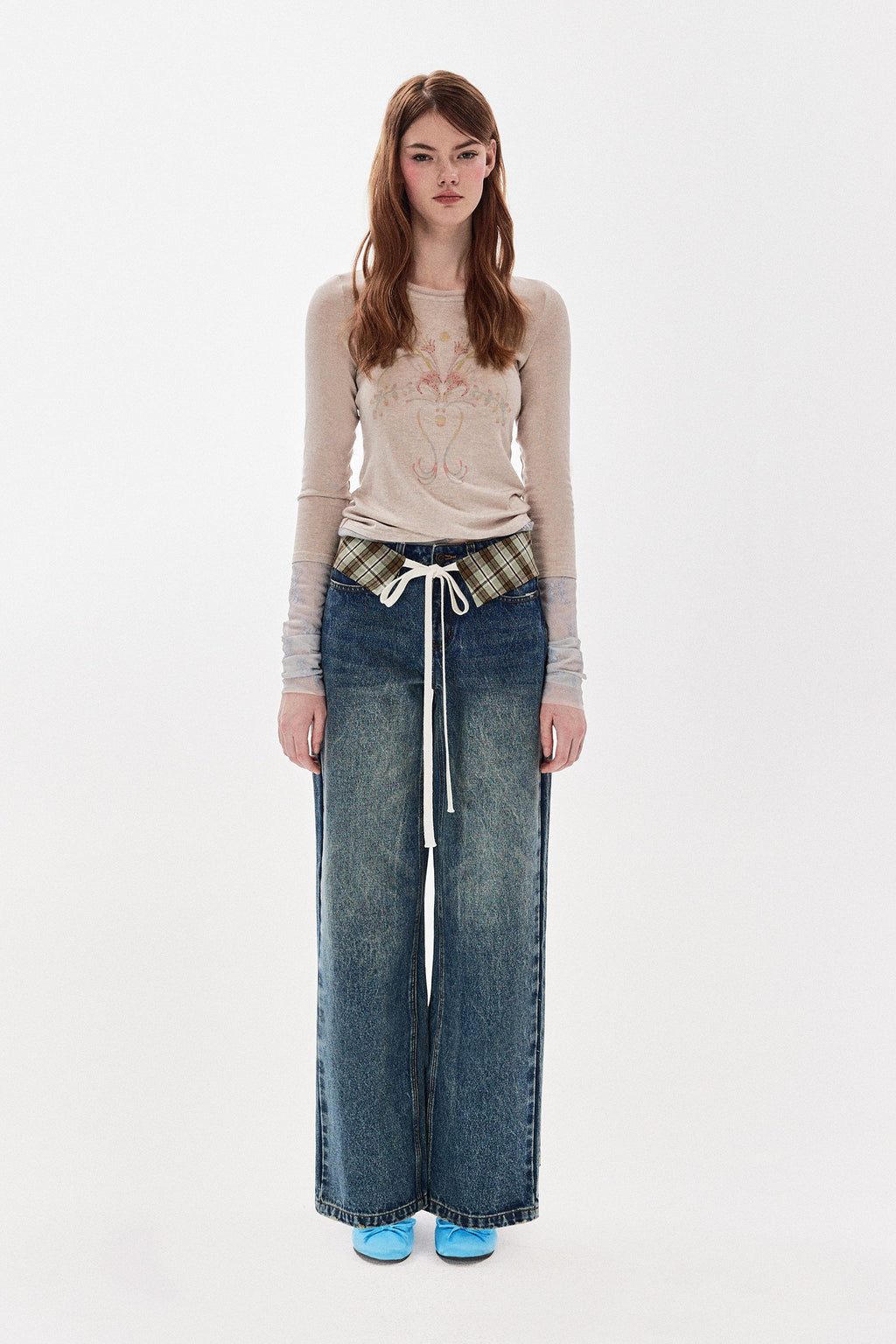 Plaid Accent Straight Denim Pants
