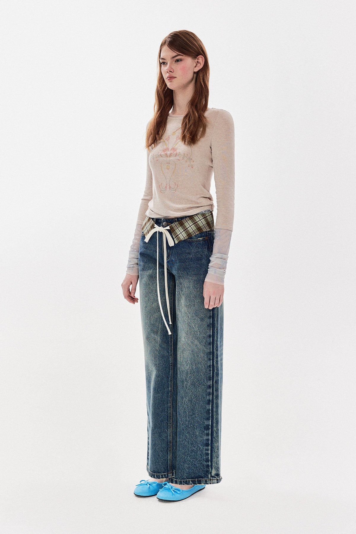 Plaid Accent Straight Denim Pants