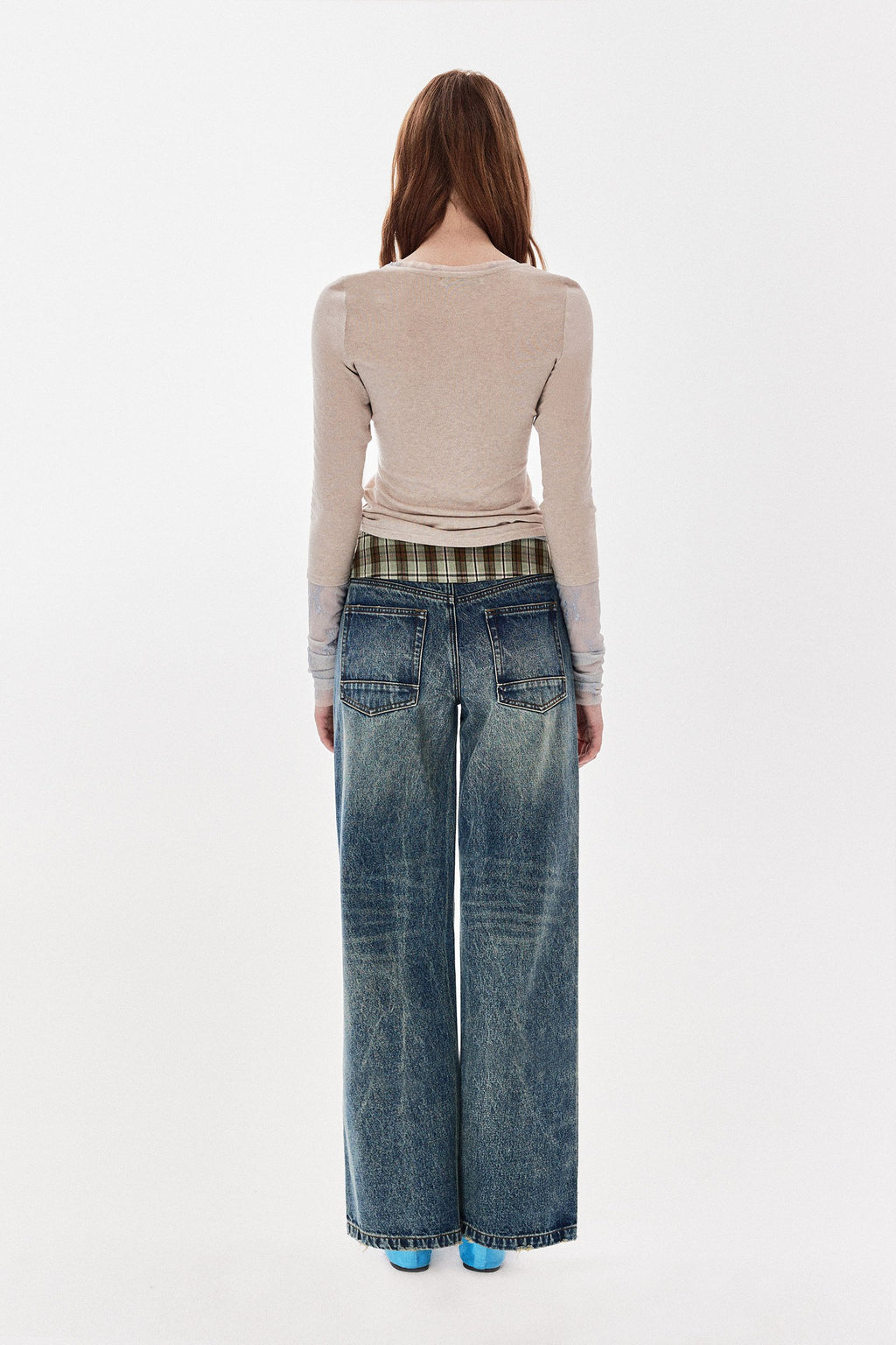Plaid Accent Straight Denim Pants