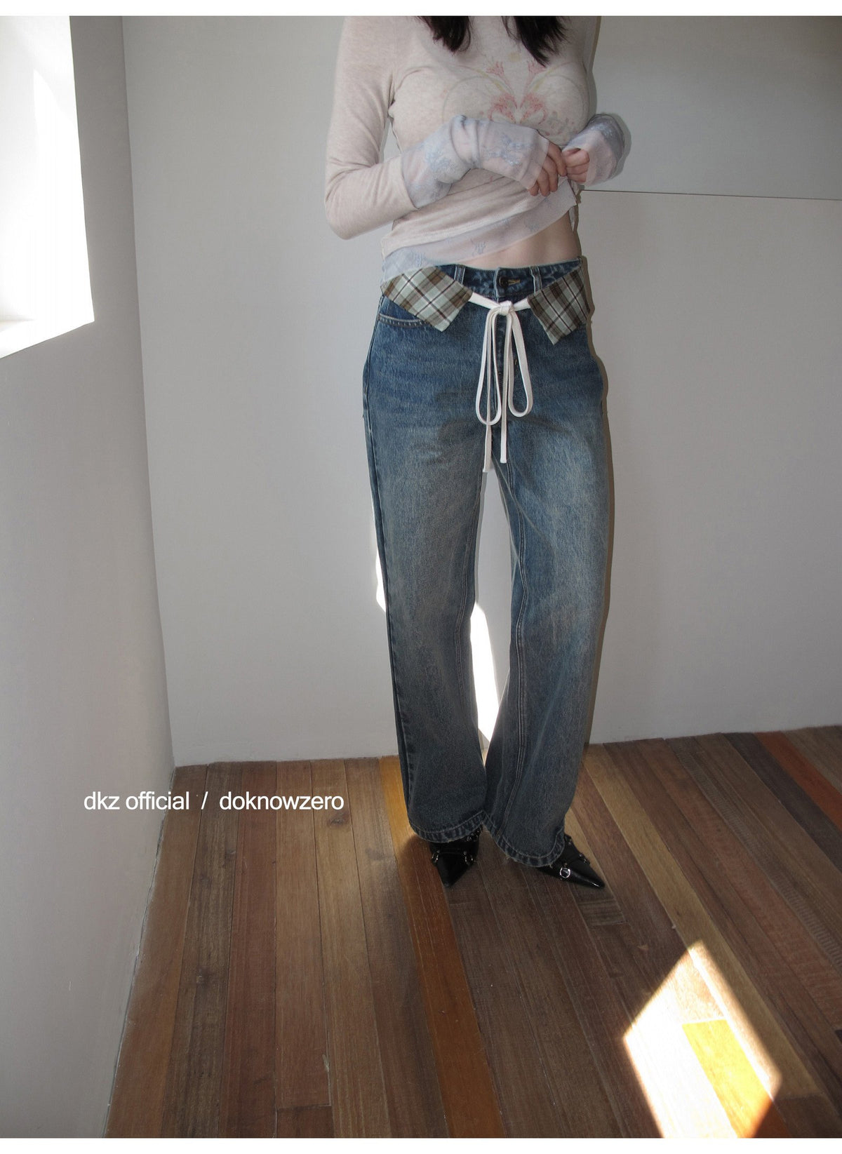 Plaid Accent Straight Denim Pants