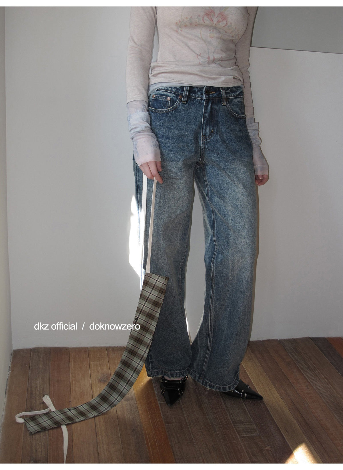 Plaid Accent Straight Denim Pants