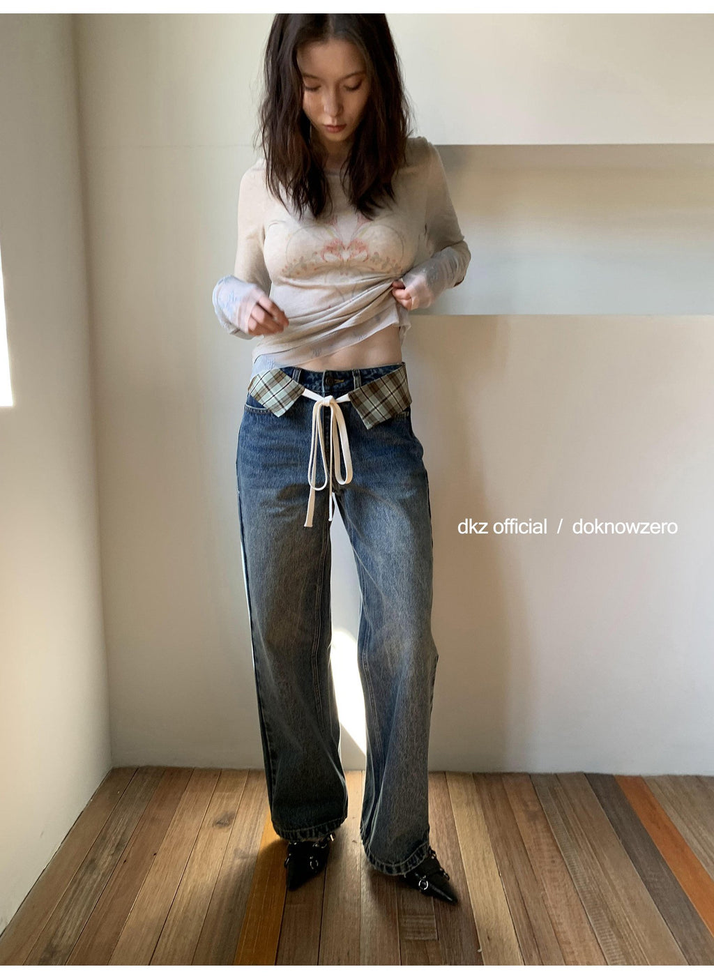 Plaid Accent Straight Denim Pants