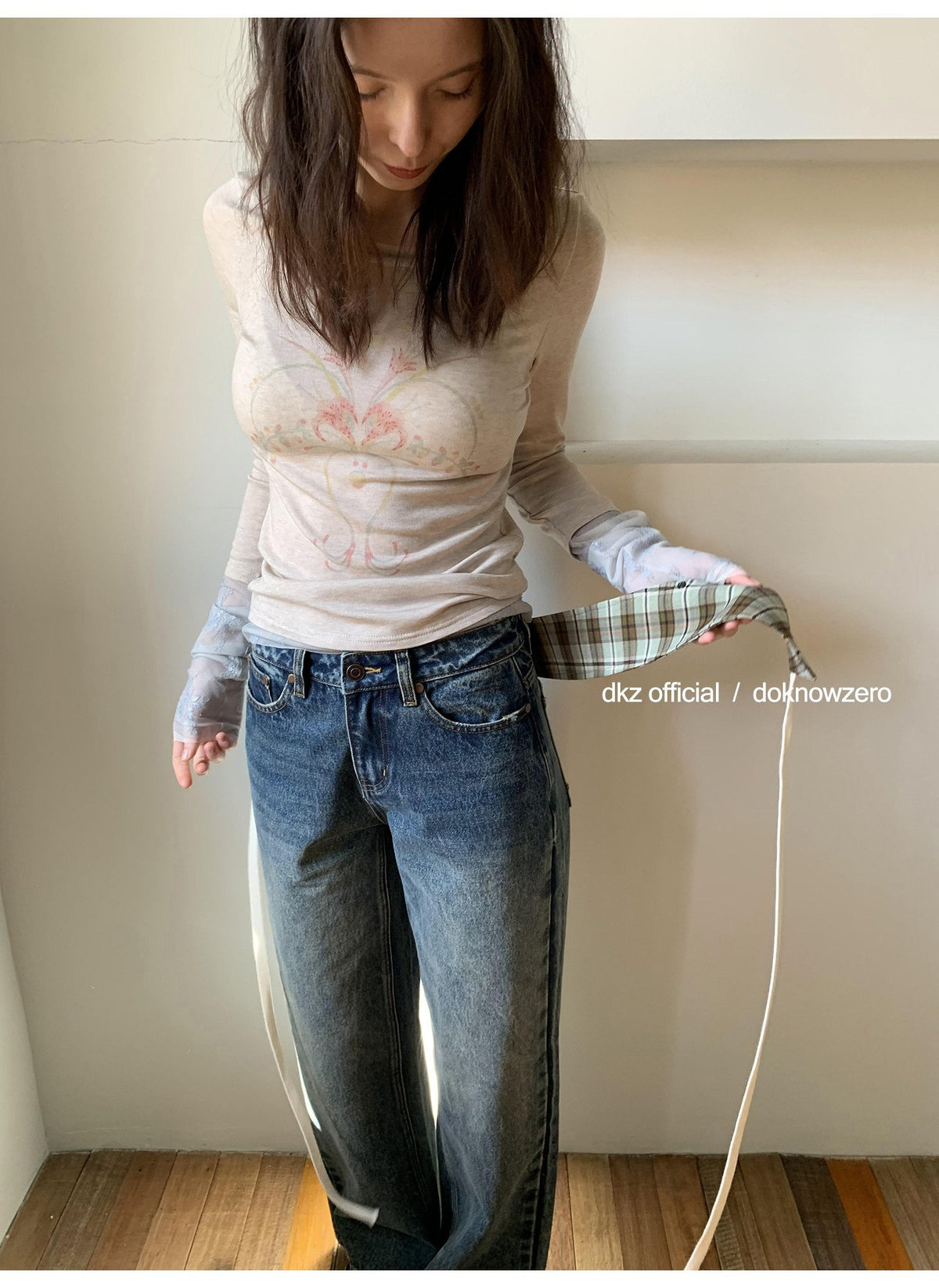 Plaid Accent Straight Denim Pants