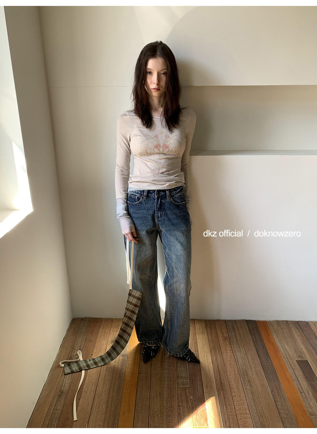 Plaid Accent Straight Denim Pants