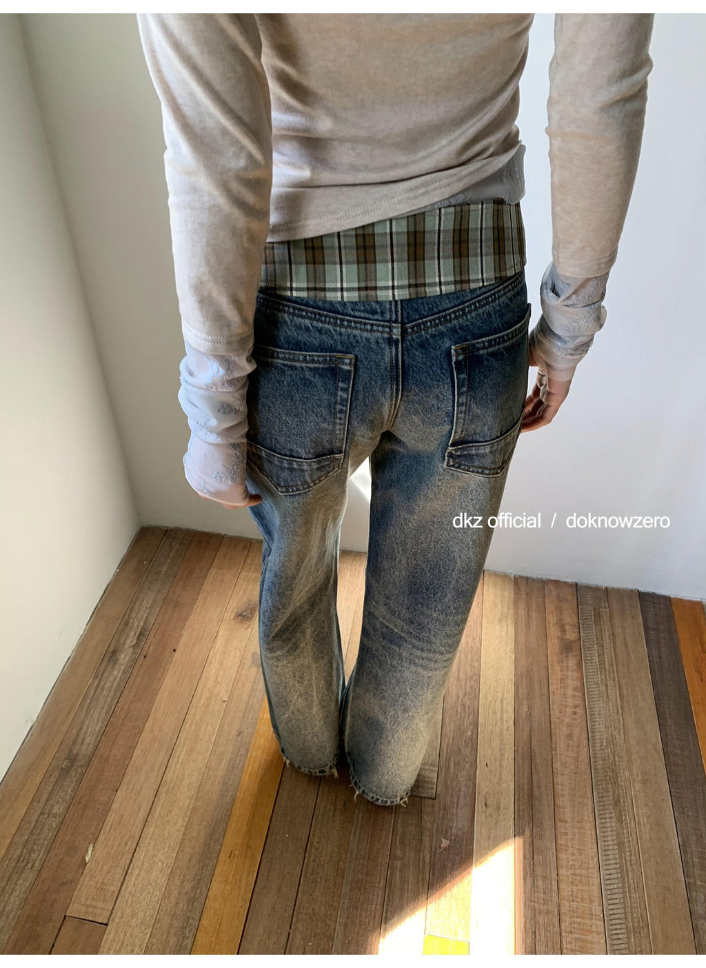 Plaid Accent Straight Denim Pants