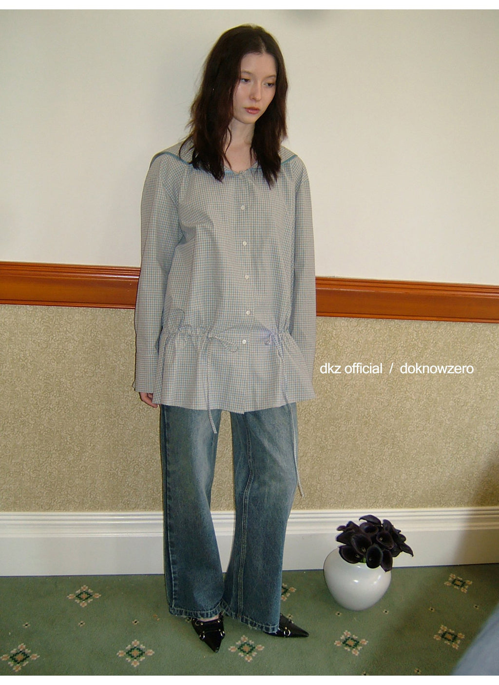 Plaid Accent Straight Denim Pants
