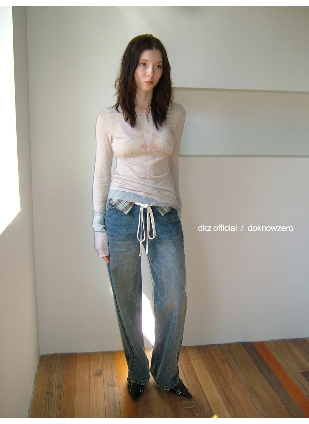 Plaid Accent Straight Denim Pants
