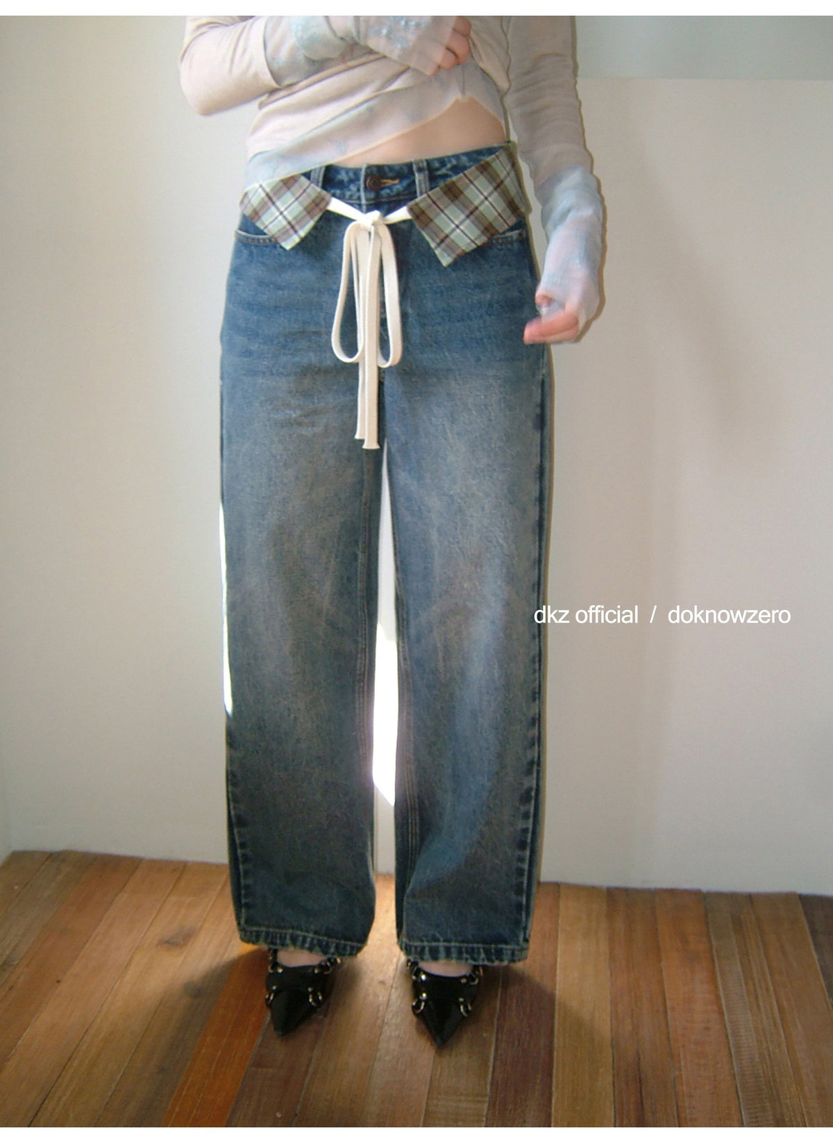 Plaid Accent Straight Denim Pants
