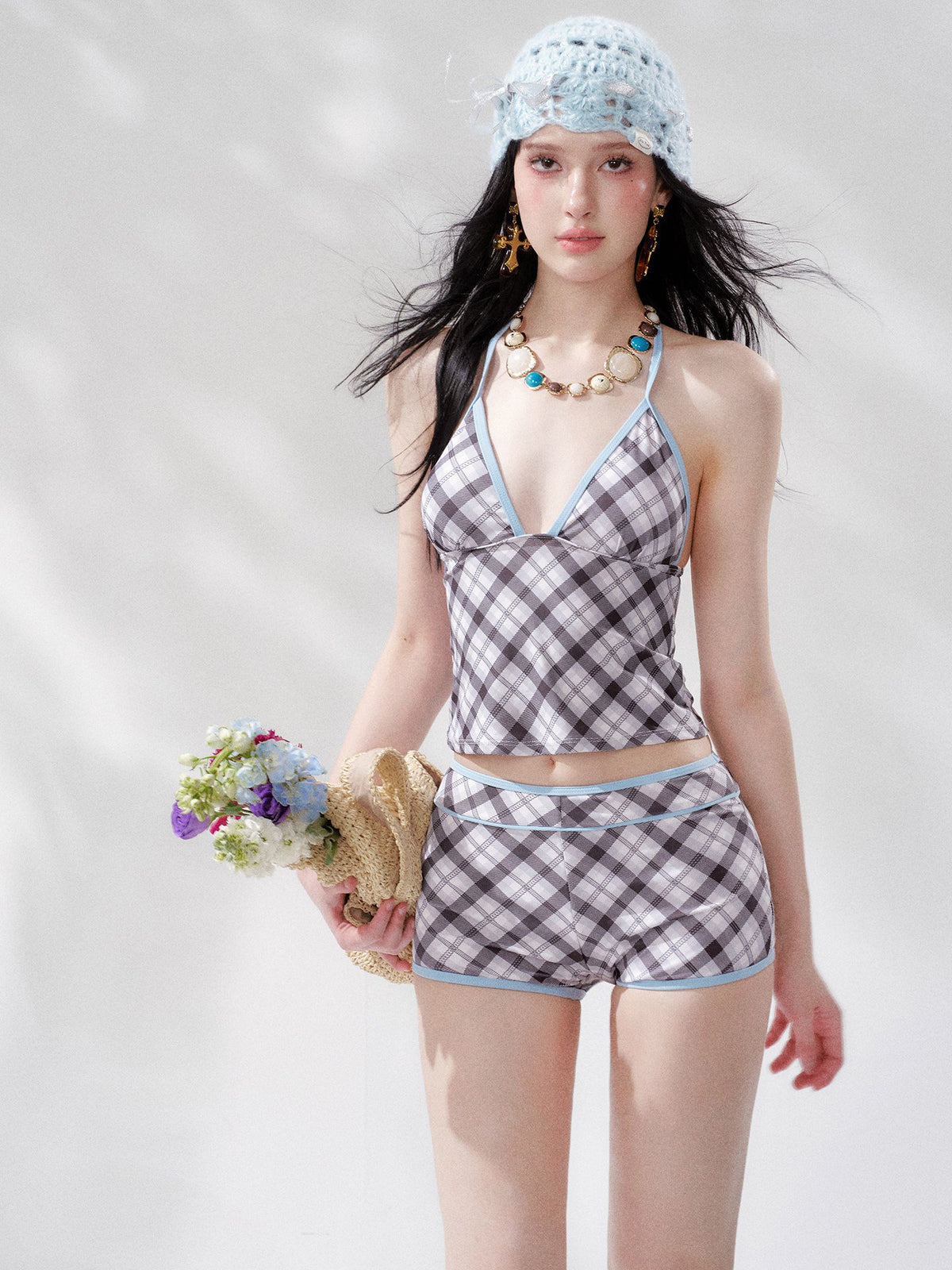 Plaid Edge Halter Swim Set (2Piece)