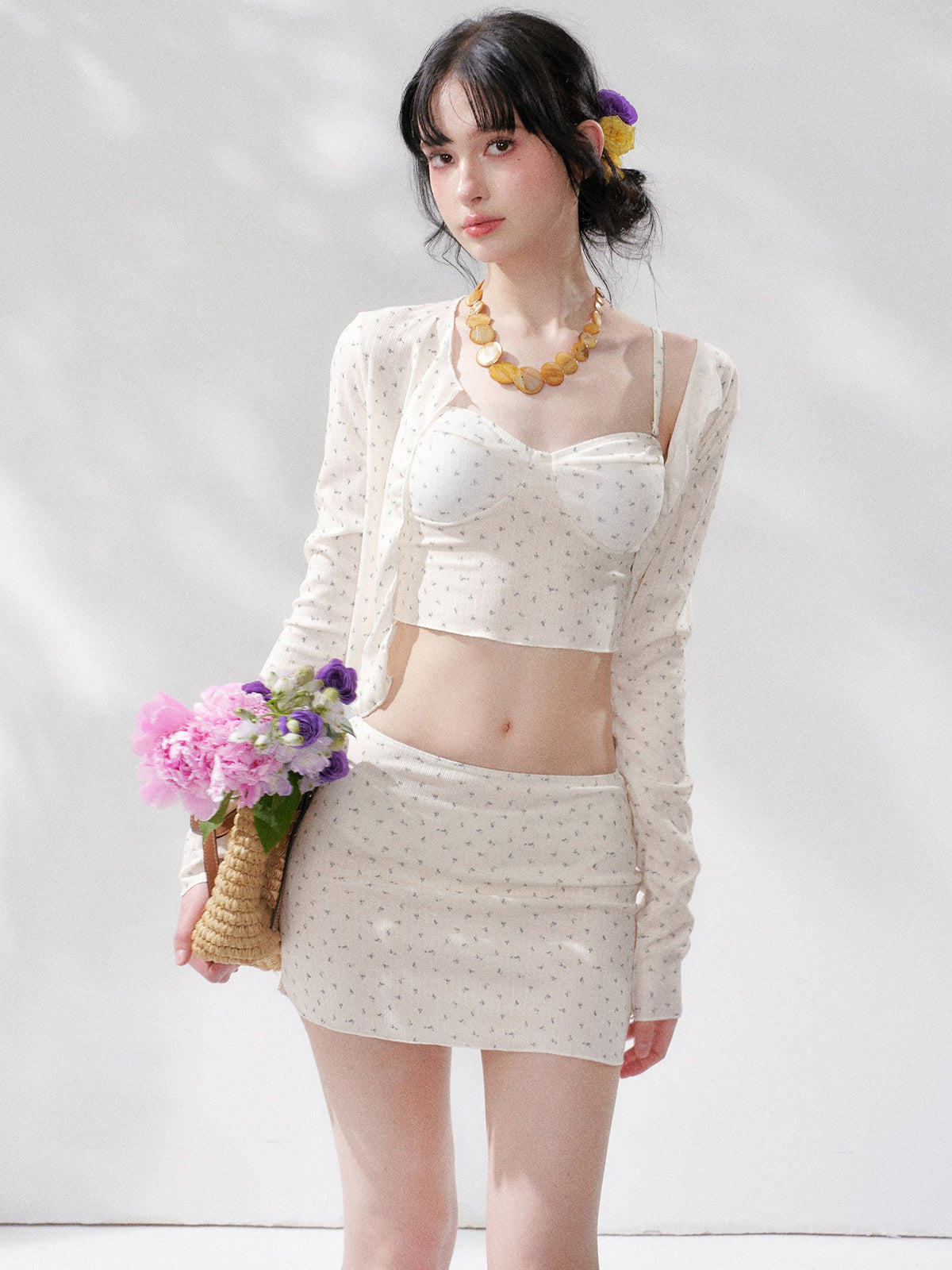Floral Sheer Cardigan Swim Set (4Piece)