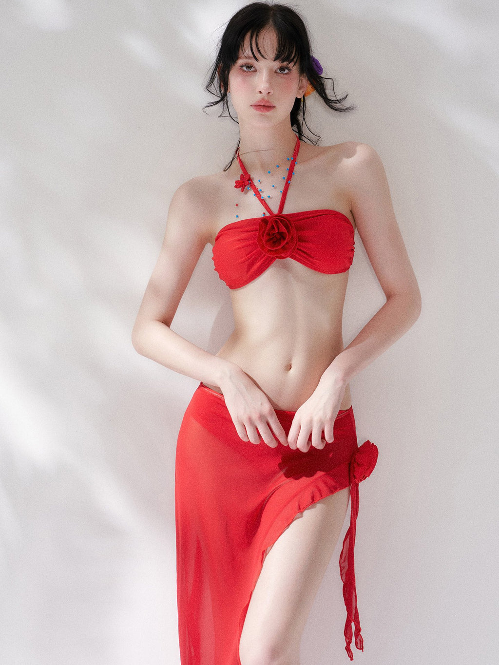 Crimson Bloom Bikini Swim Set (3Piece)