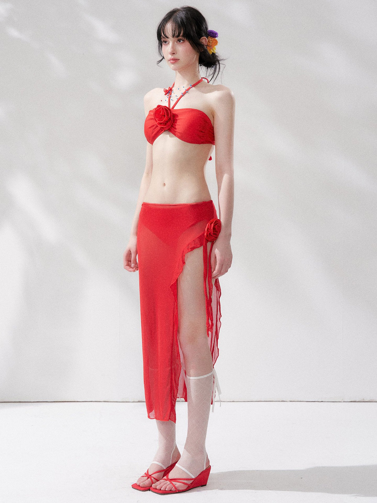 Crimson Bloom Bikini Swim Set (3Piece)