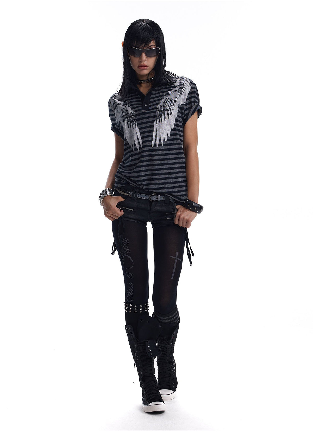 Silver Wing Stripe Polo Top